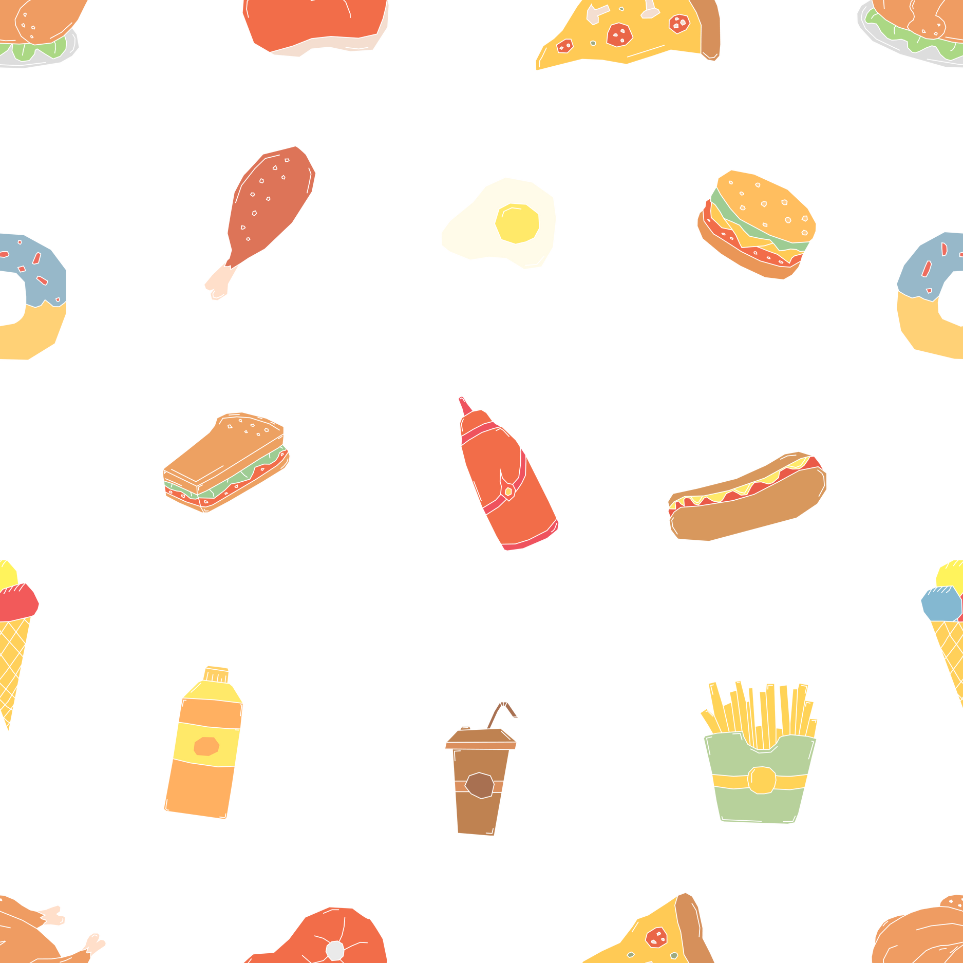 Seamless fast food pattern. fast food background. Doodle fastfood icons. Drawn food pattern